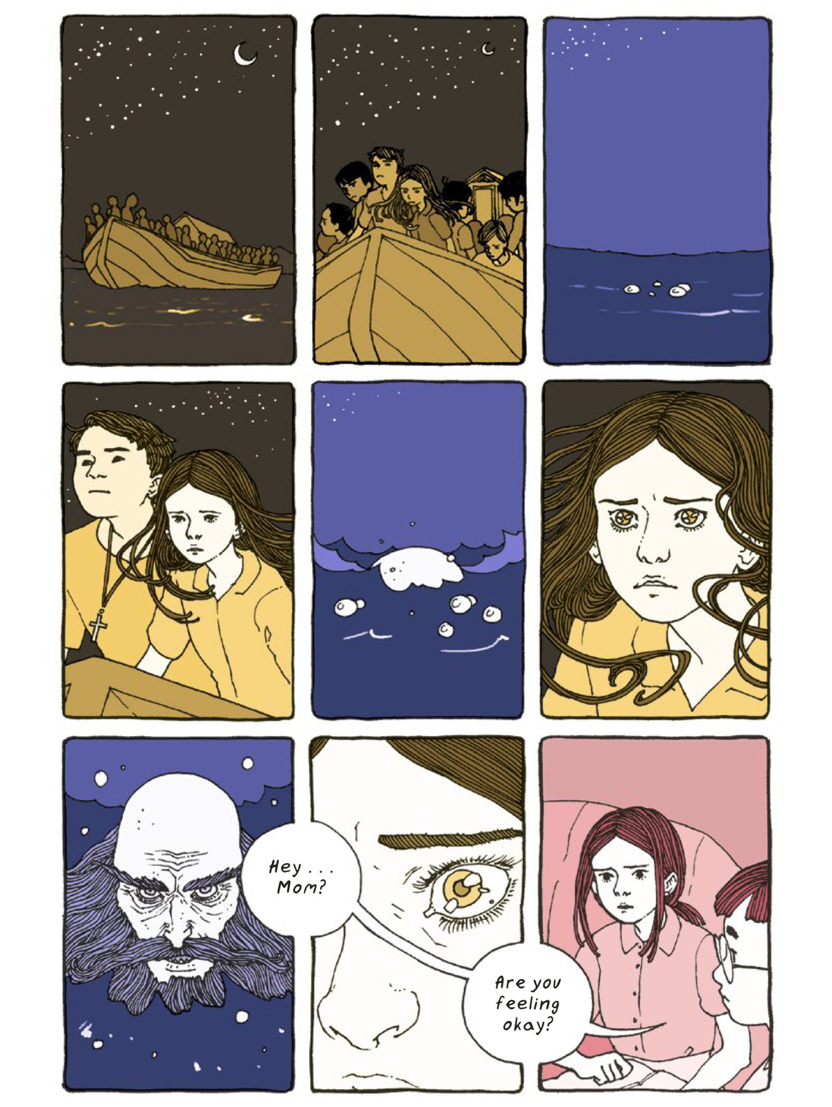 In yellow panels of the past, Tiến’s mother remembers sailing away from her home in Vietnam, in blue panels of the fairy tale story she’s reading, the bald and bearded face of the King of the Mists rises from the waves of the sea, in red panels of the present, Tiến asks “Hey... mom? are you feeling OK?” in The Magic Fish, Random House Graphic (2020). 