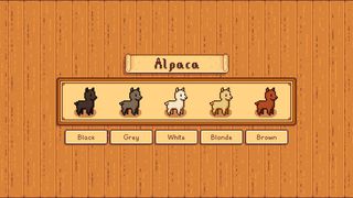 Een reeks Alpaca Sprites in de stijl van Stardew Valley. De opties komen van de nieuwe Barn Animals Mod