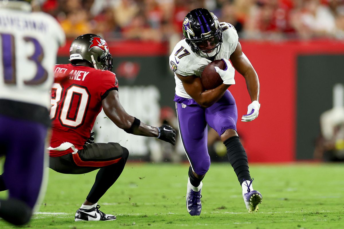 Kenyan Drake #17 of the Baltimore Ravens carries the ball after a catch during the second quarter against the Tampa Bay Buccaneers at Raymond James Stadium on October 27, 2022 in Tampa, Florida.