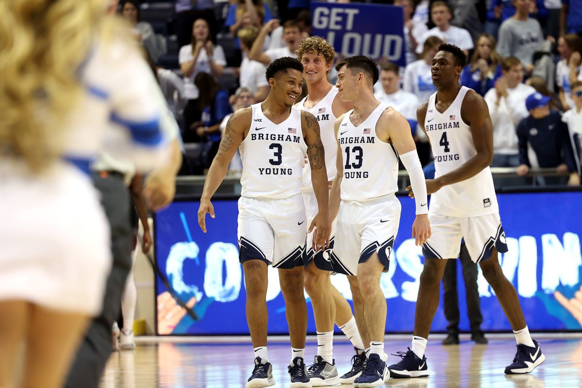 BYU guard Te’Jon Lucas (3) and fellow guard Alex Barcello (13) talk after defeating Texas Southern at the Marriott Center.