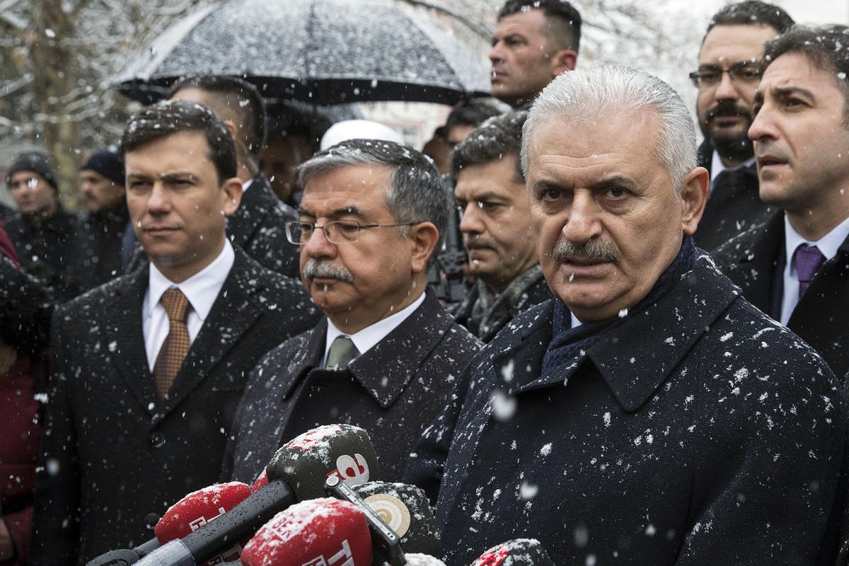 Turkey's Prime Minister Binali Yildirim speaks to the media in Ankara, Turkey, Friday, Dec. 30, 2016. Yildirim said that he hoped that this cease-fire in Syria holds and turns into a lasting peace. 