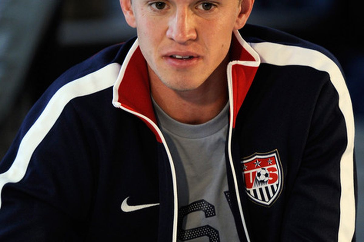 PRETORIA, SOUTH AFRICA - JUNE 08:  Stuart Holden of USA national football team speaks during a news conference at Irene Farm on June 8, 2010 in Irene near Pretoria, South Africa.  (Photo by Kevork Djansezian/Getty Images)