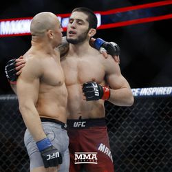 Islam Makhachev and Gleison Tibau talk after the UFC 220 fight.
