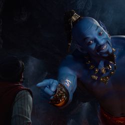 Aladdin (Mena Massoud) meets the larger-than-life blue Genie (Will Smith) in Disney’s live-action adaptation "Aladdin," directed by Guy Ritchie.