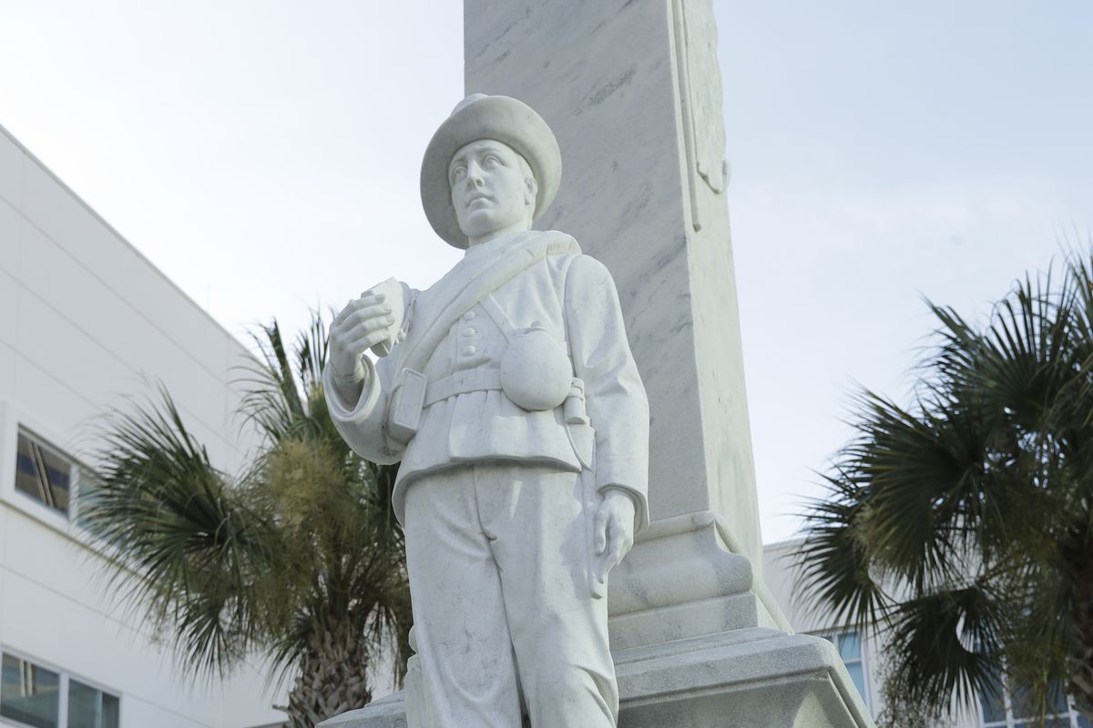 A Confederate statue stands outside a Hillsborough County building, in Tampa, FL. County Commissioners are debating removing the statue. 