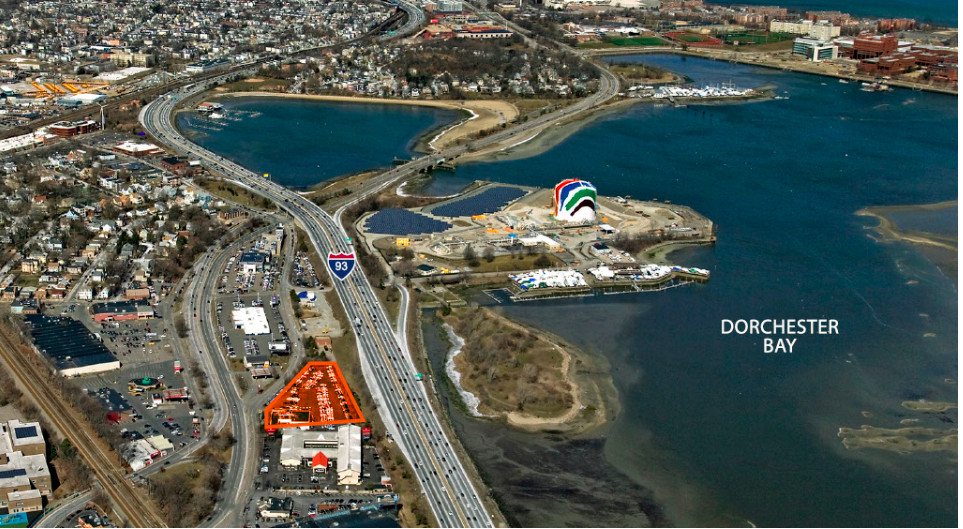 An aerial view of a map showing where a Boston development site is located.