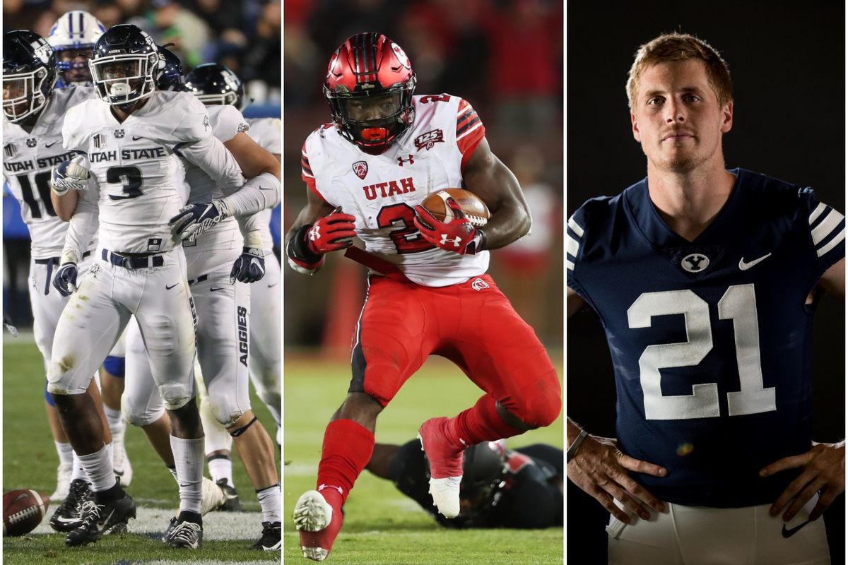Top performers from local FBS colleges this weekend included, from left, Utah State's Jontrell Rocquemore, Utah's Zack Moss and BYU's Talon Shumway.