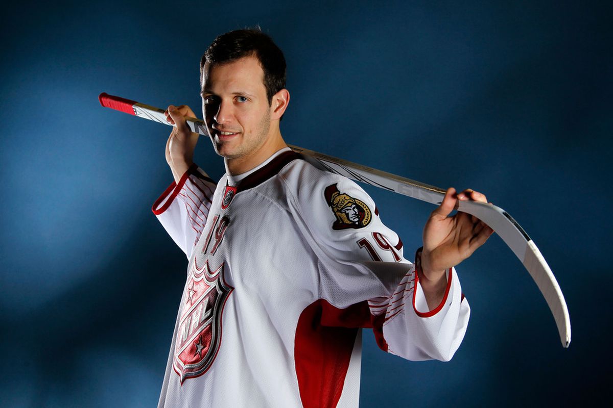OTTAWA, ON - JANUARY 29:  Jason Spezza, seen here doing his best "Darling of the Masses" pose, recently signed on with the Swiss National League's Rapperswil-Jona Lakers.  (Photo by Gregory Shamus/Getty Images)