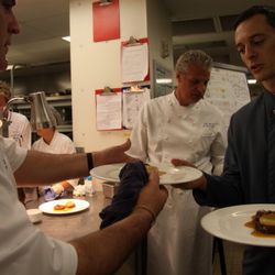The food runner hand-off, Eric Ripert expediting Suser Lee's dish.