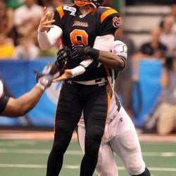 Utah Blaze's Jason Boltus gets tackled during a football game between the Utah Blaze and the San Jose SaberCats at EnergySolutions Arena in Salt Lake City on Saturday, June 29, 2013.