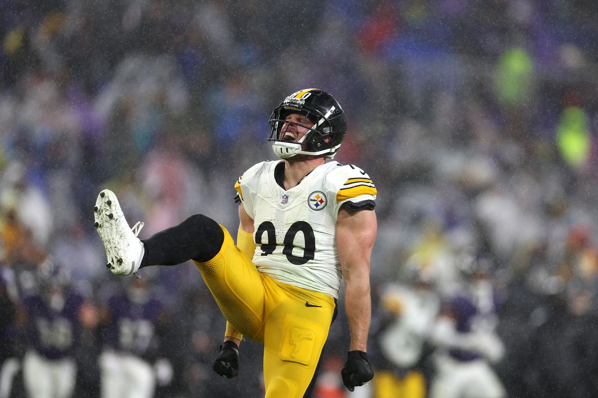 Linebacker T.J. Watt #90 of the Pittsburgh Steelers celebrates a sack against the Baltimore Ravens at M&amp;T Bank Stadium on January 06, 2024 in Baltimore, Maryland.