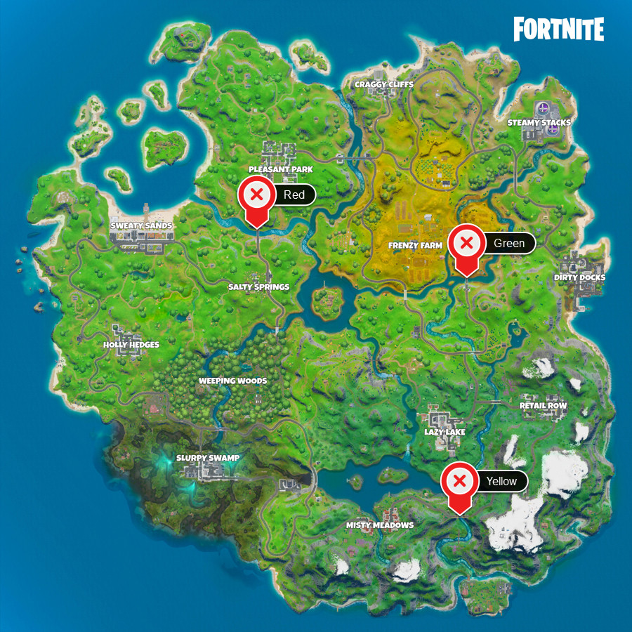 A Fortnite map with the locations for a week 9 challenge marked
