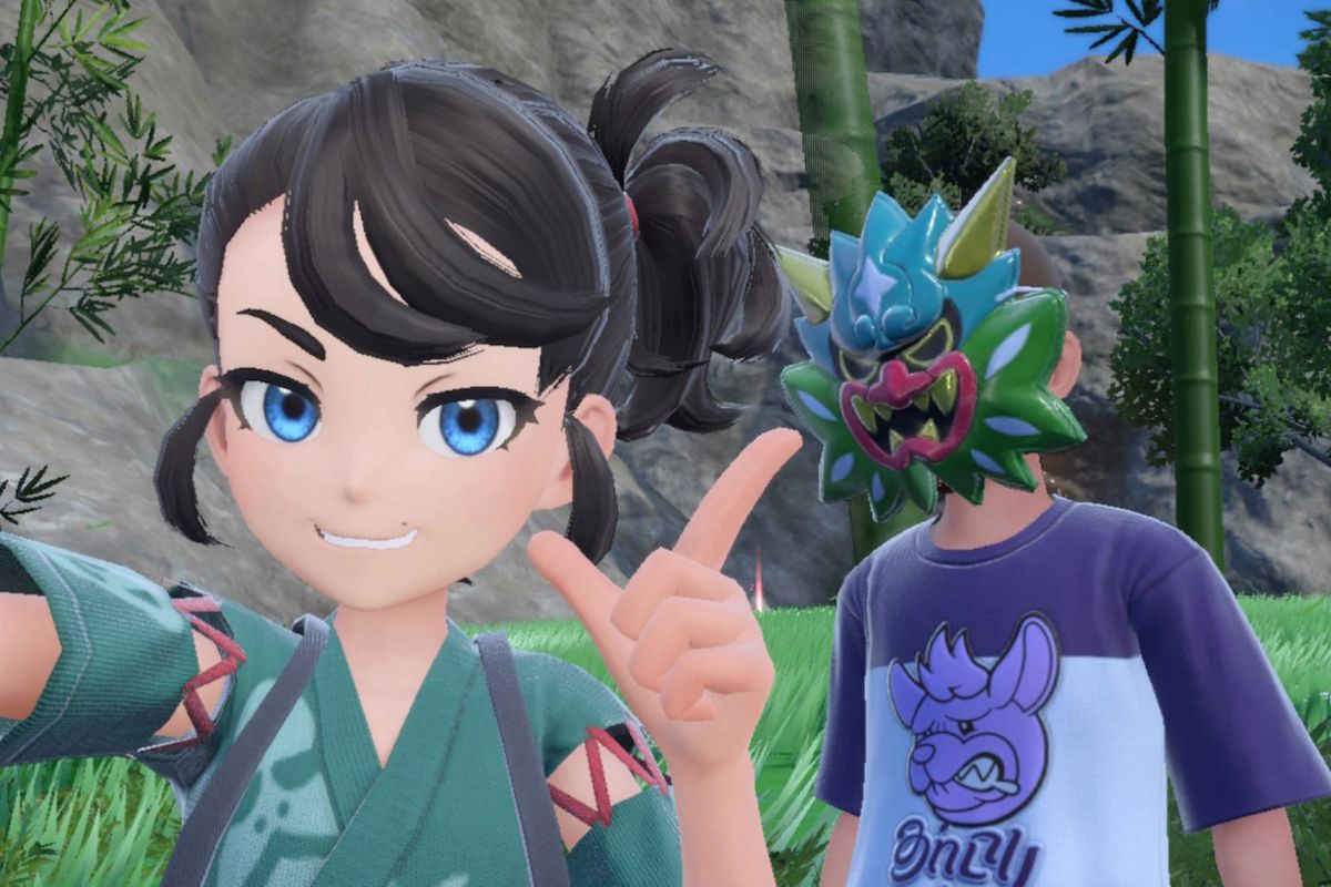 A Pokémon trainer takes a selfie with an Ogre Clan member in Pokémon Scarlet and Violet