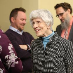 Homelessness advocate Pamela Atkinson speaks to an attendee after a press conference at the Capitol in Salt Lake City on Wednesday, Jan. 23, 2019, regarding the transition from the downtown homeless shelter to three new homeless resource centers.
