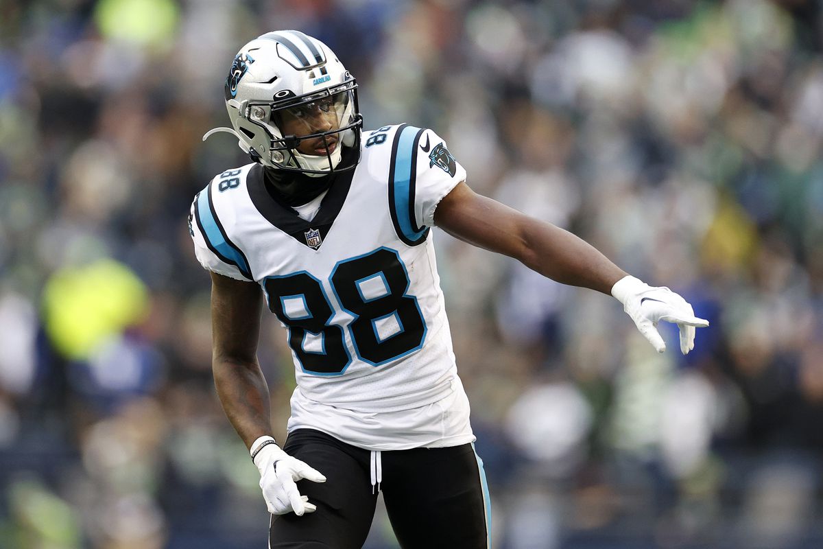 Terrace Marshall Jr. #88 of the Carolina Panthers prepares for a snap against the Seattle Seahawks during the second quarter at Lumen Field on December 11, 2022 in Seattle, Washington.
