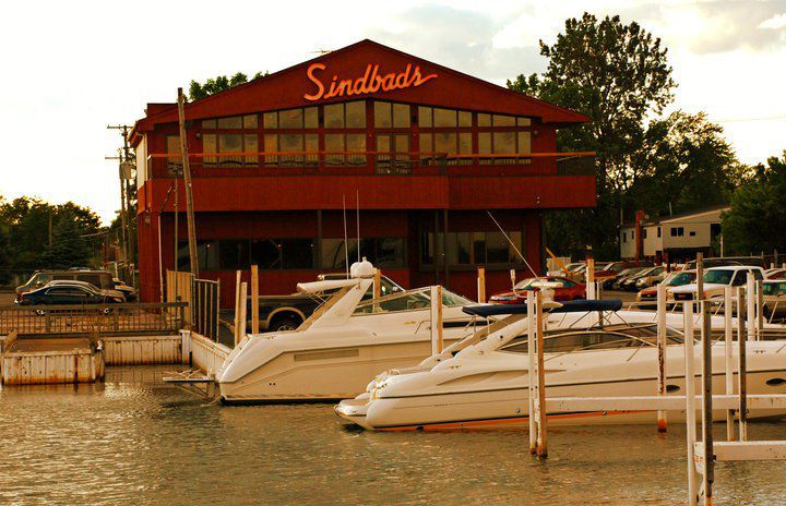 The red exterior and sign at Sindbad’s overlooking the marina.