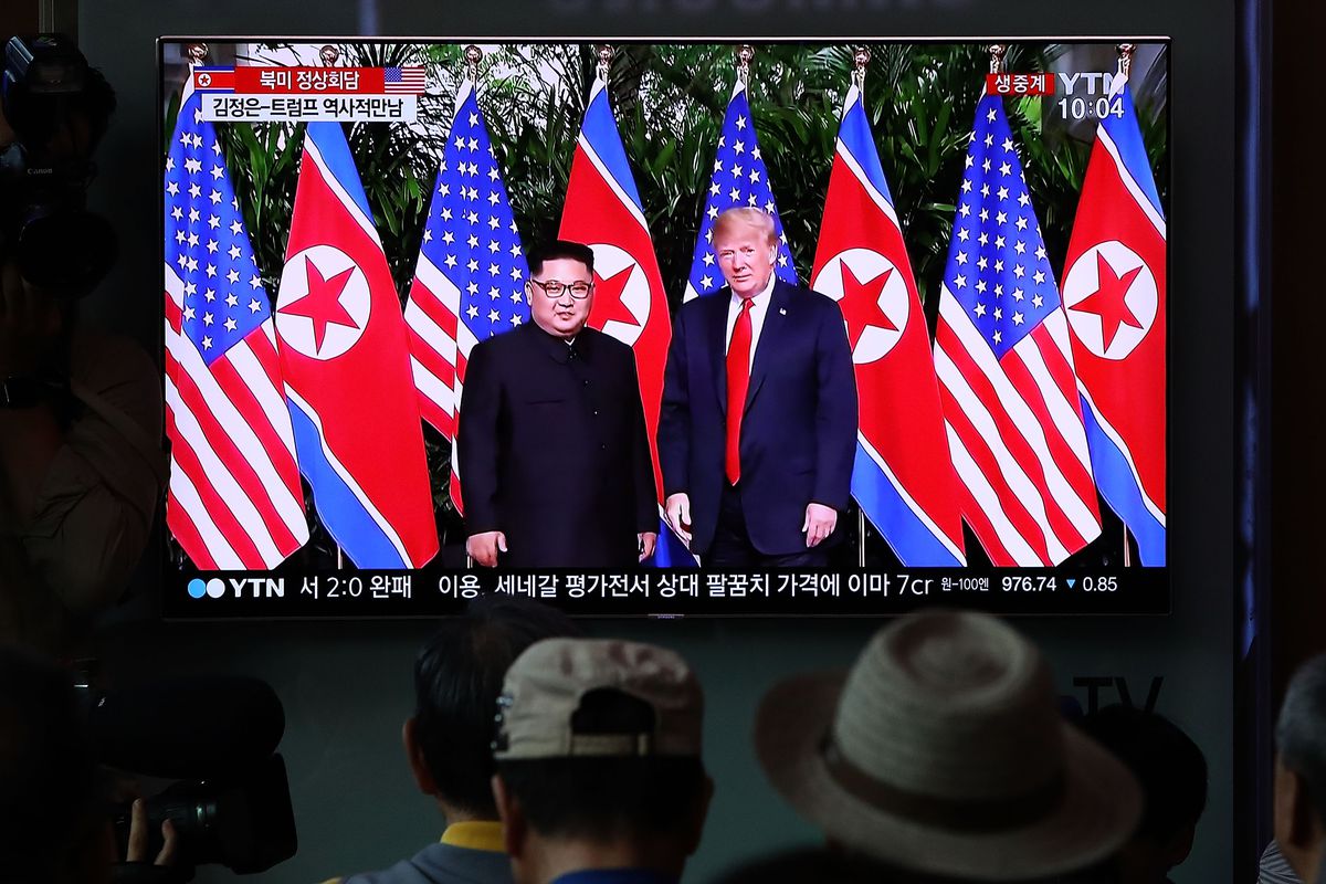 President Donald Trump and North Korean leader Kim Jong Un at the Singapore summit on June 12, 2018.