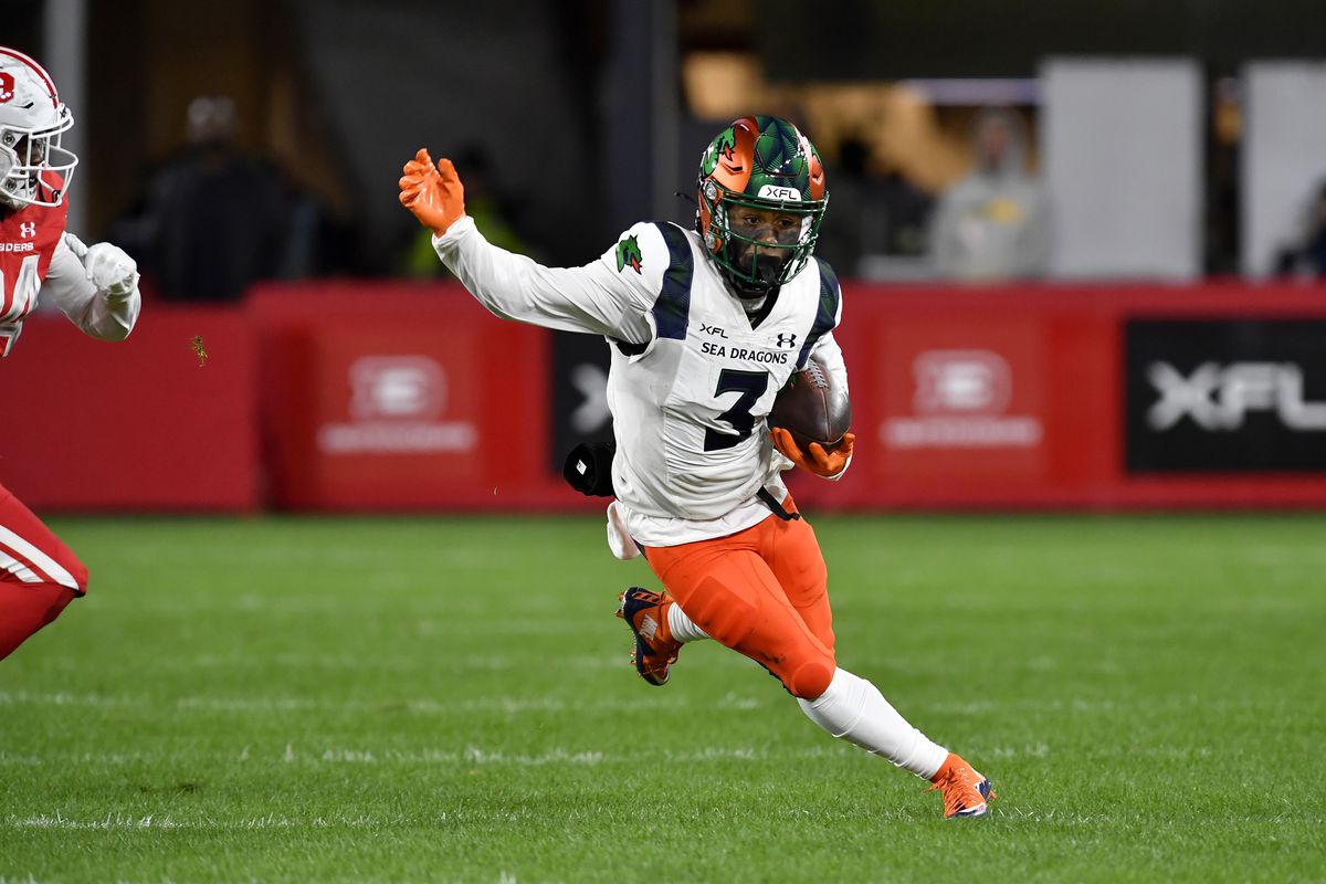 Seattle Sea Dragons wide receiver Jahcour Pearson (3) runs after a catch during the Seattle Sea Dragons versus D.C. Defenders XFL football game on February 19, 2023 at Audi Field in Washington, D.C..