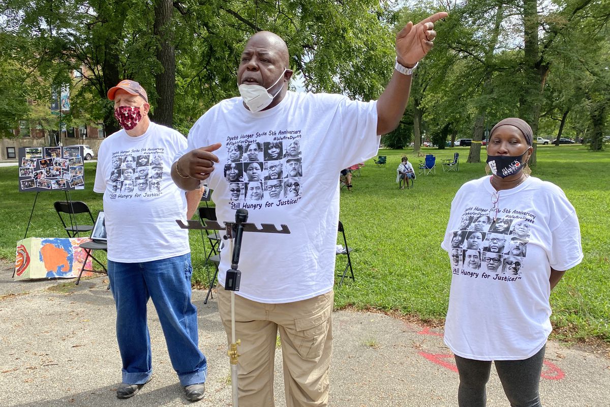 (Left to right) Marc Kaplan, Jitu Brown and Irene Robinson reflect on a 34-day hunger strike in 2015 that helped reopen Dyett High School for the Arts at 555 E. 51st St. on Monday. | Manny Ramos