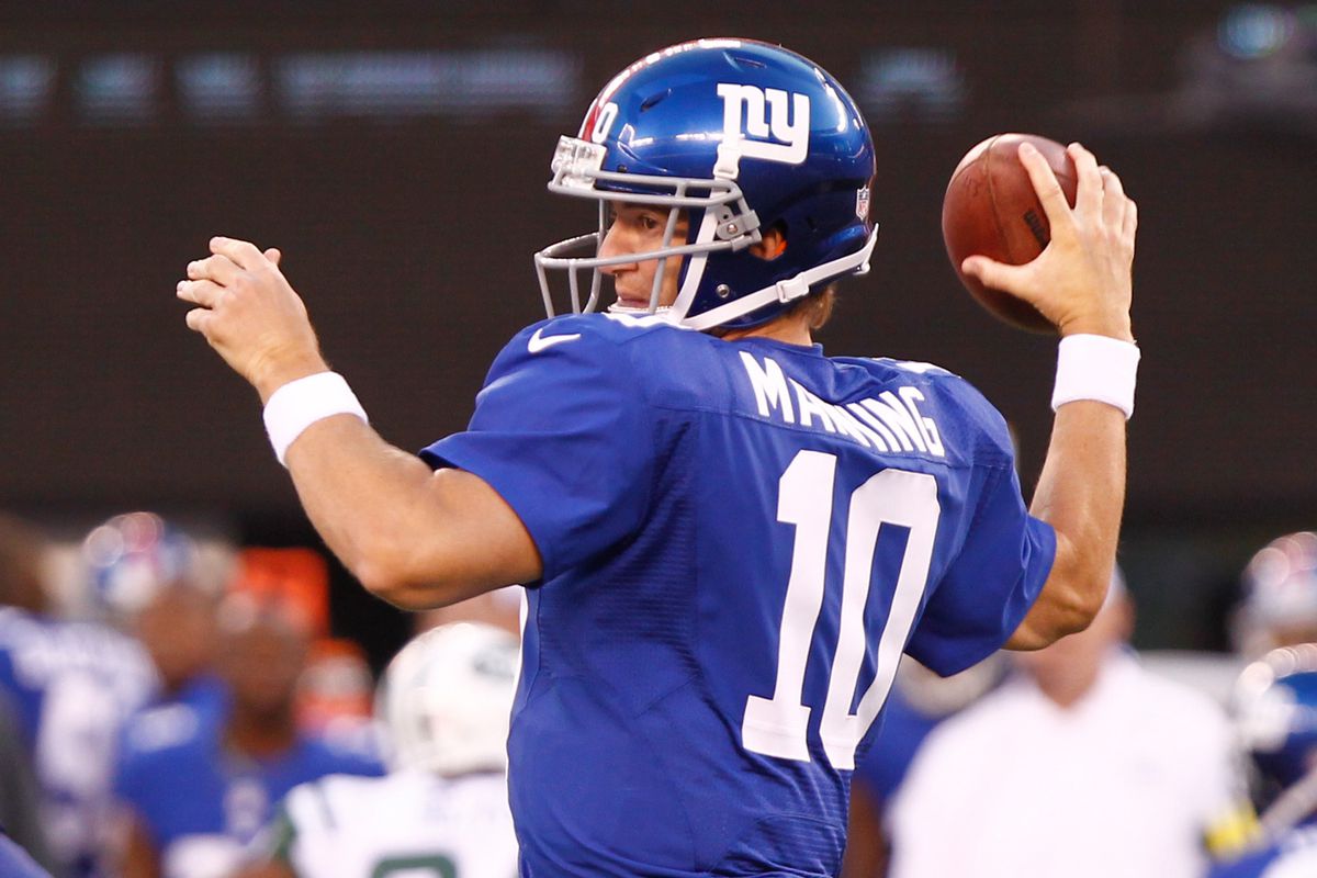 Aug. 18, 2011; East Rutherford, NJ, USA; New York Giants quarterback Eli Manning (10) throws a pass against the New York Jets during the first quarter at MetLife Stadium. Debby Wong-US PRESSWIRE