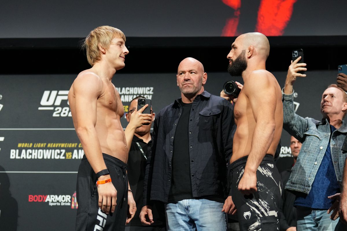 Opponents Paddy Pimblett of England and Jared Gordon face off during the UFC 282 ceremonial weigh-in at MGM Grand Garden Arena on December 09, 2022 in Las Vegas, Nevada.