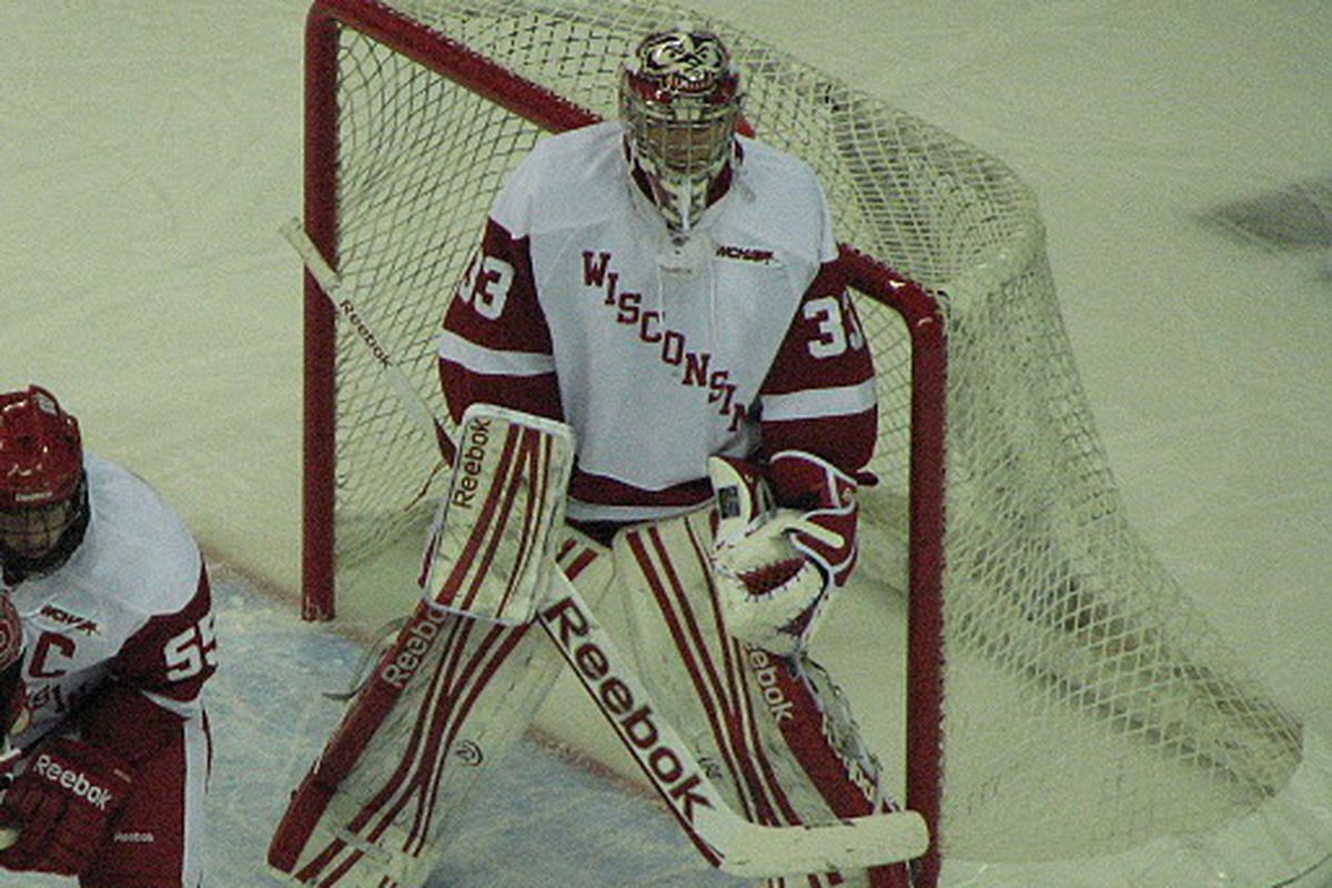 Has Wisconsin freshman goaltender Joel Rumpel done enough to establish himself as the Badgers #1 option between the pipes? Photo Courtesy of Nicole Haase. 