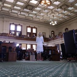 Sen. Wendy Davis, D-Fort Worth, center, speaks as she begins a filibusters in an effort to kill an abortion bill, Tuesday, June 25, 2013, in Austin, Texas. The bill would ban abortion after 20 weeks of pregnancy and force many clinics that perform the procedure to upgrade their facilities and be classified as ambulatory surgical centers.  (AP Photo/Eric Gay)
