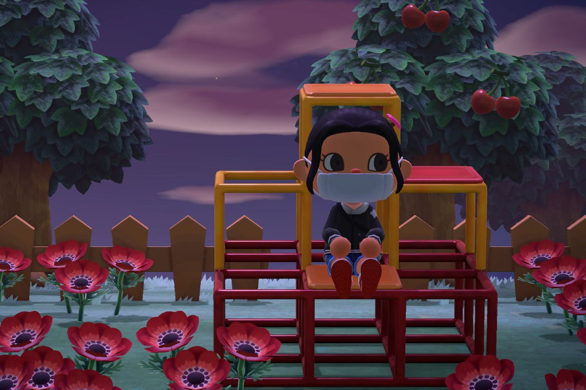 An Animal Crossing character sits on a jungle gym at night