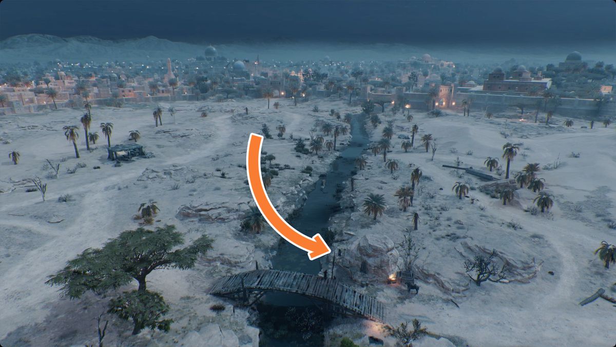 Assassin’s Creed Mirage image showing the location of the The Gift Enigma treasure