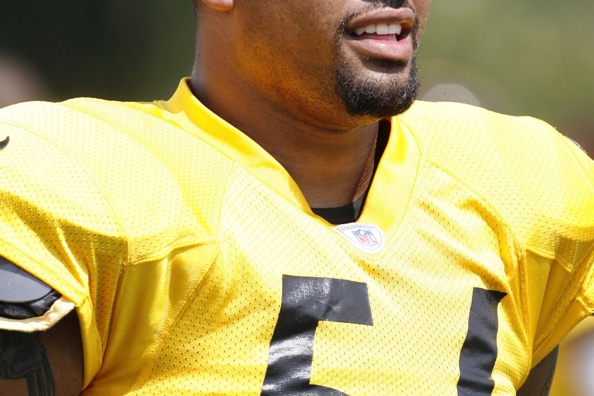 July 28, 2012; Pittsburgh, PA, USA; Pittsburgh Steelers linebacker LaMarr Woodley (56) reacts on the field during training camp at Saint Vincent College. Mandatory Credit: Charles LeClaire-US PRESSWIRE