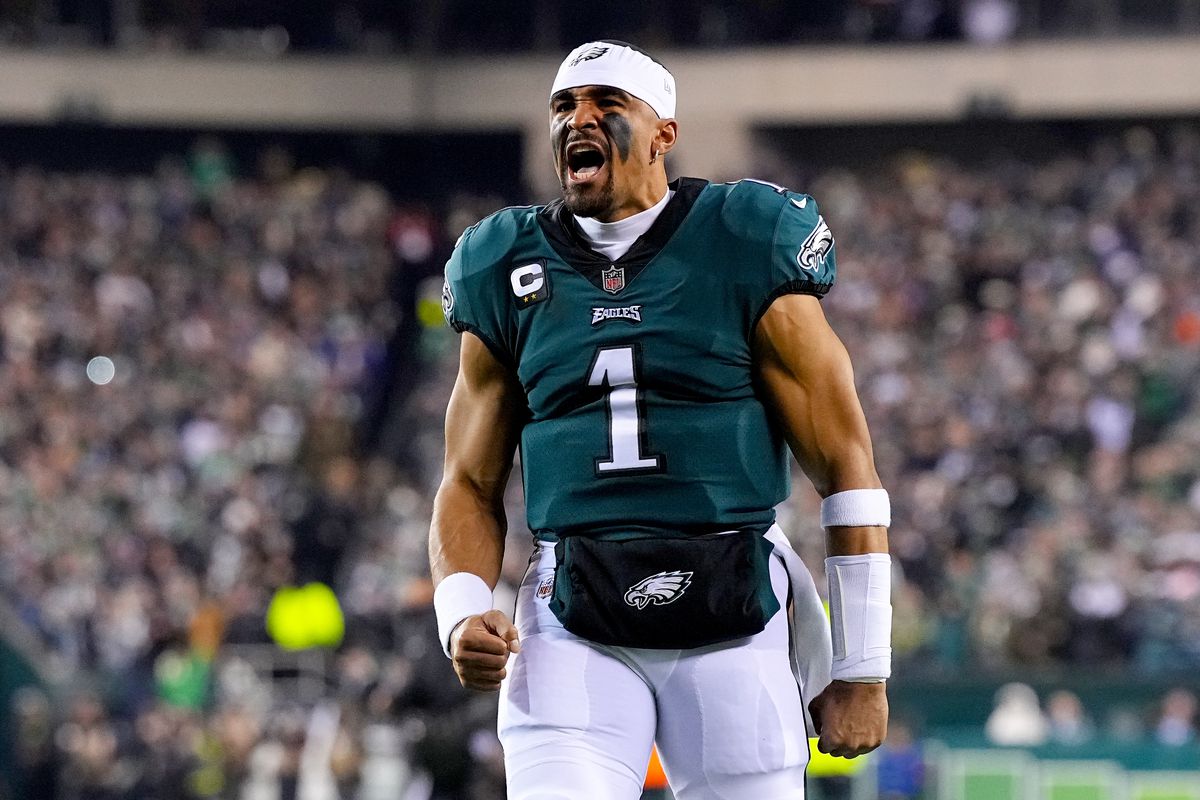 Jalen Hurts #1 of the Philadelphia Eagles reacts prior to a game against the New York Giants in the NFC Divisional Playoff game at Lincoln Financial Field on January 21, 2023 in Philadelphia, Pennsylvania.