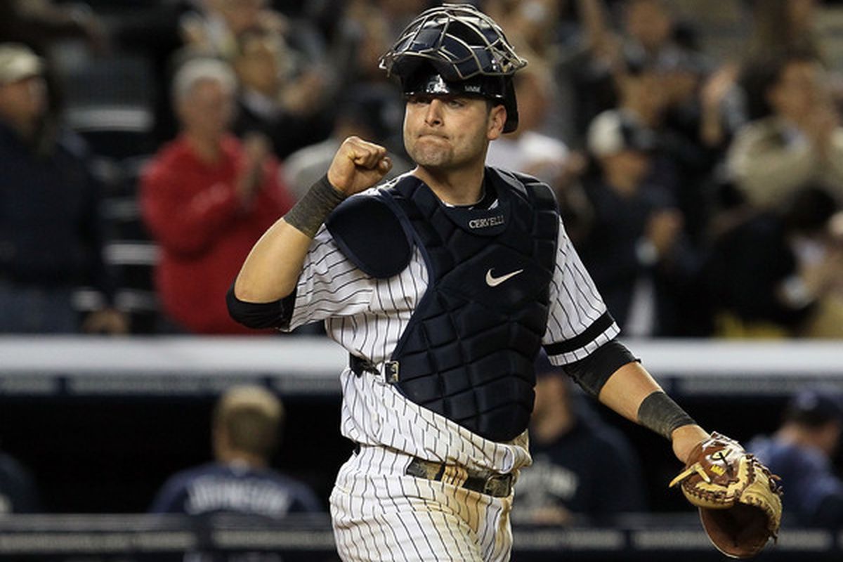 Francisco Cervelli (29) of the New York Yankees celebrates after defeating the Tampa Bay Rays on September 20 2010 at Yankee Stadium in the Bronx borough of New York City. The Yankees defeated the Rays 8-6.  (Photo by Jim McIsaac/Getty Images)