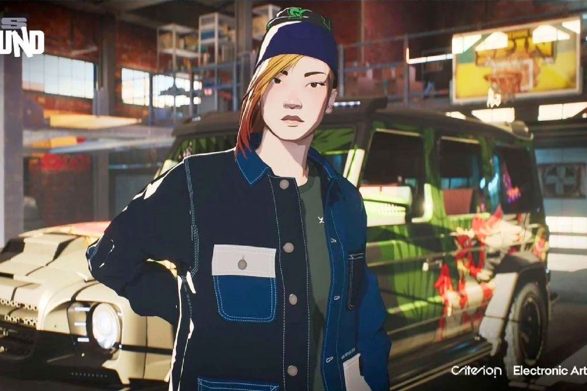 An anime-style male racer wearing a blue jacket and beanie stands in front of a heavily decorated car in a screenshot from Need for Speed Unbound