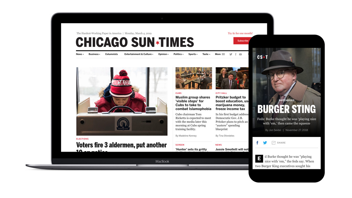 A laptop and phone side by side, displaying the new Sun-Times website.