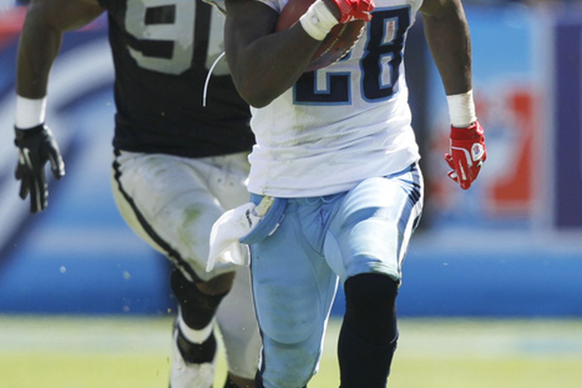 Chris Johnson #28 of the Tennessee Titans outruns Kamerion Wimbley #96 of the Oakland Raiders for a 76-yard touchdown