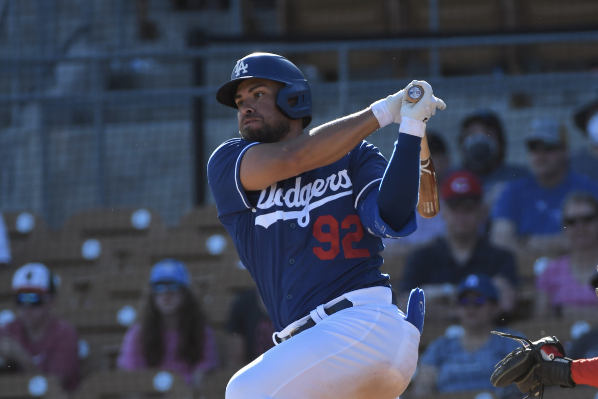 GLENDALE, AZ - MARCH 22, 2022: Stefen Romero #92 of the Los Angeles Dodgers bats during the ninth inning of an MLB spring training game against the Cincinnati Reds at Camelback Ranch on March 22, 2022 in Glendale, Arizona.