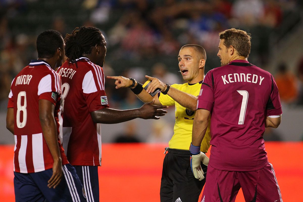 CARSON, CA - :  Referee Chris Penso to Chivas USA "You can do it! You just got to believe!" (Photo by Victor Decolongon/Getty Images)