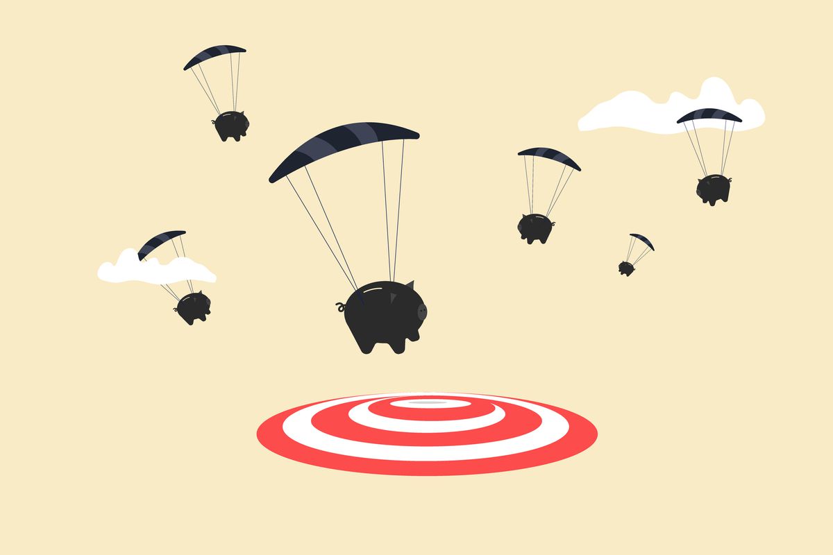 An illustration of piggy banks landing in parachutes, one aiming for a red-and-white target.