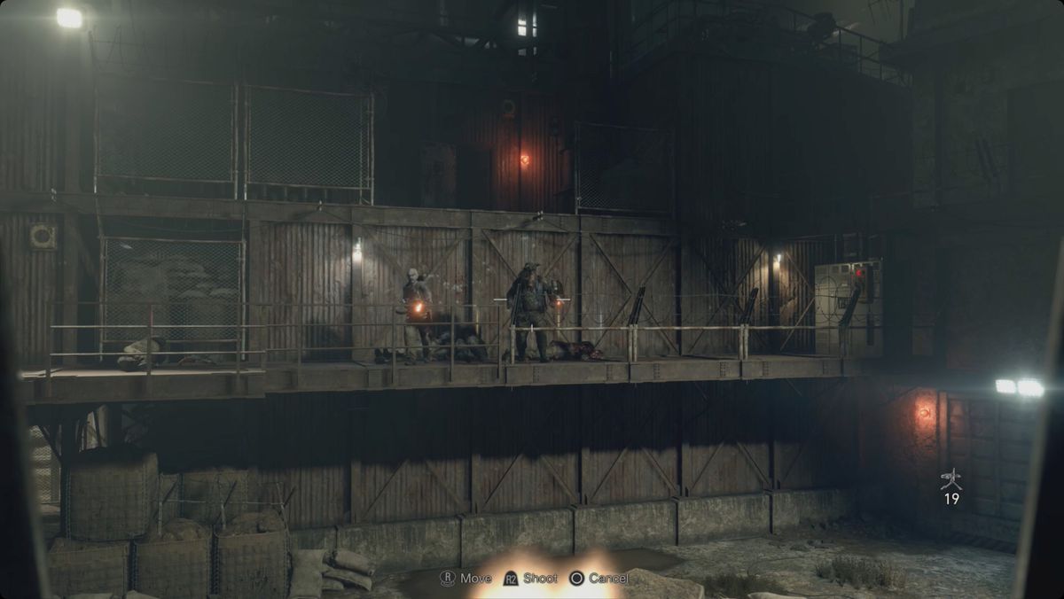 Resident Evil 4 remake using a gun emplacement to shoot soldiers and a boar-headed brute