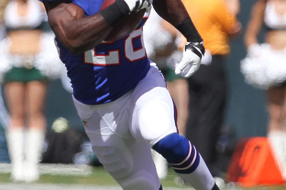 Sept 9, 2012; East Rutherford, NJ, USA; Buffalo Bills running back C.J. Spiller (28) runs for a touchdown during the first half of their game against the New York Jets at MetLife Stadium. Mandatory Credit: Ed Mulholland-US PRESSWIRE