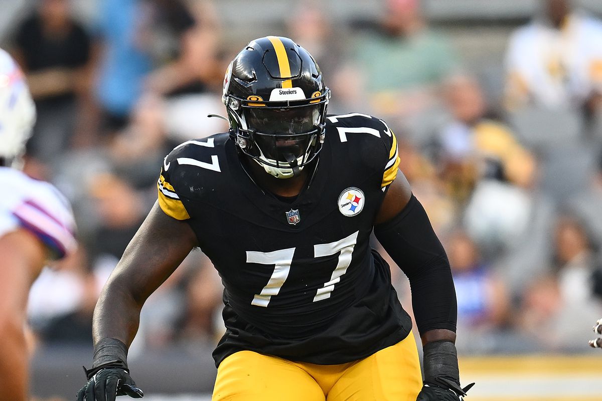 Broderick Jones #77 of the Pittsburgh Steelers in action during the preseason game against the Buffalo Bills at Acrisure Stadium on August 19, 2023 in Pittsburgh, Pennsylvania.
