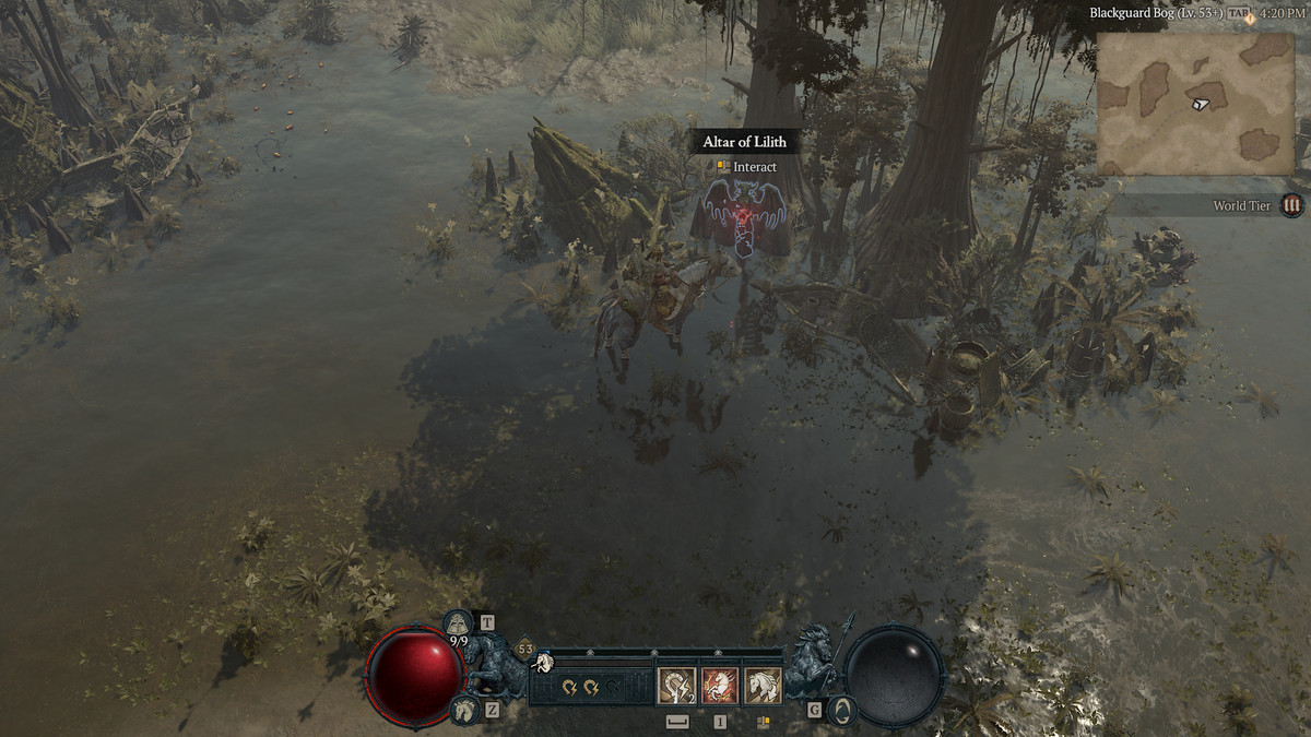 A screenshot of a Barbarian finding the 32nd Altar of Lilith in Hawezar in Diablo 4