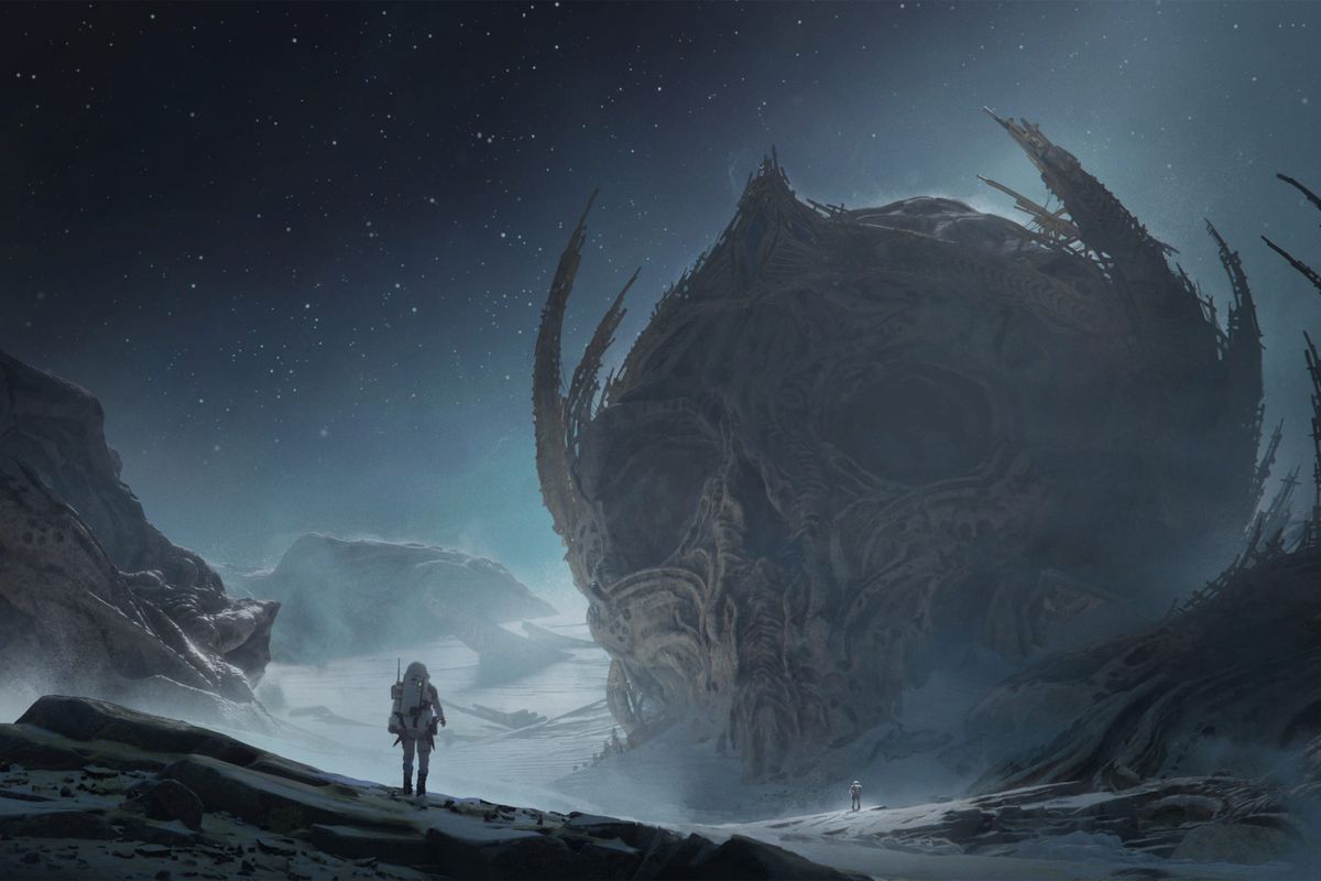 two astronauts on an ominous planet with a large skull looming over