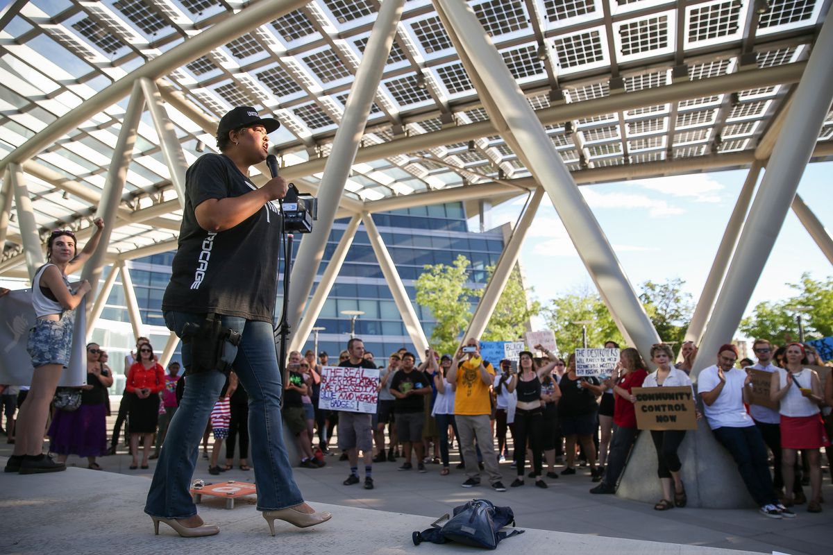 Lex Scott speaks at a Utah Against Police Brutality rally outside the Salt Lake City Public Safety Building on Saturday, July 9, 2016.