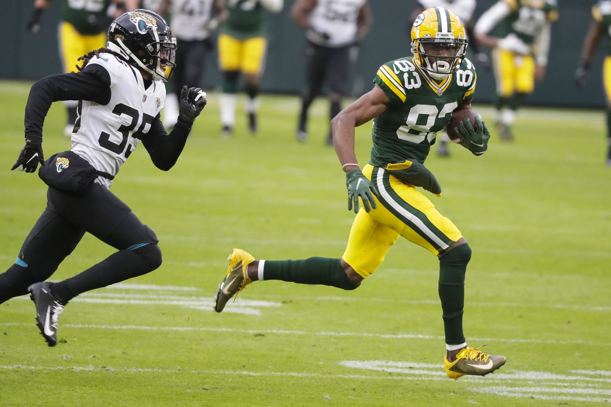 Green Bay Packers wide receiver Marquez Valdes-Scantling (83) pulls away from Jacksonville Jaguars cornerback Sidney Jones IV (35) on his way to scoring a touchdown during the second quarter at Lambeau Field.&nbsp;