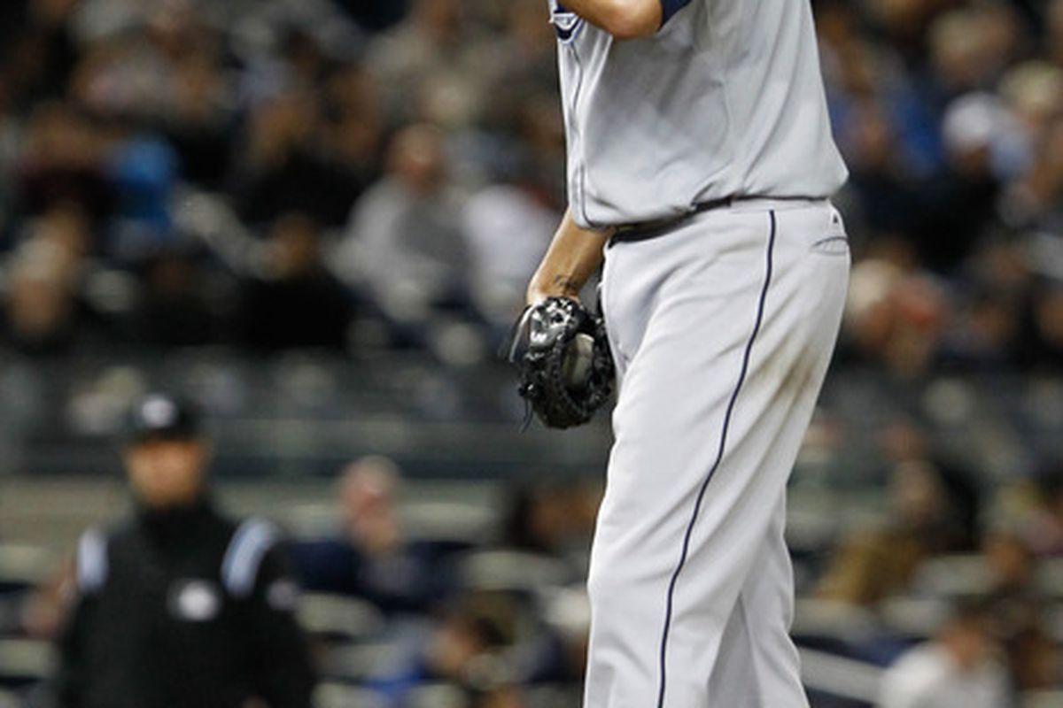 May 10, 2012; Bronx, NY, USA; Tampa Bay Rays starting pitcher David Price (14) reacts on the mound against the New York Yankees during the seventh inning at Yankee Stadium. Mandatory Credit: Debby Wong-US PRESSWIRE