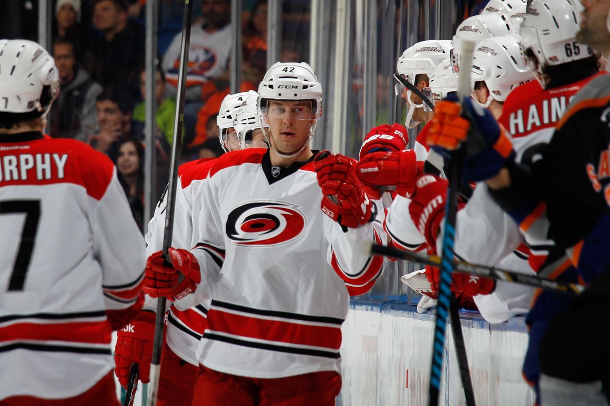 Brett Sutter celebrates his first goal with the Hurricanes Saturday against Long Island. Sutter was credited the game-winner, and Carolina’s other recent AHL call-ups helped lead the team to two wins in two nights.