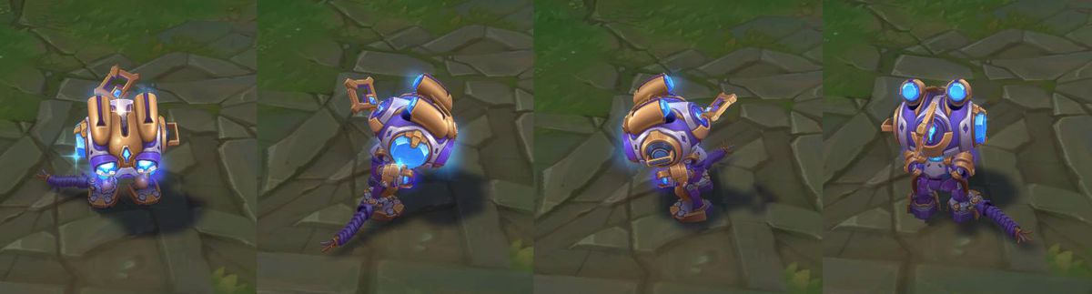 Hextech Amumu is sporting the usual golds, purples, and blues that you see in a Hextech skin