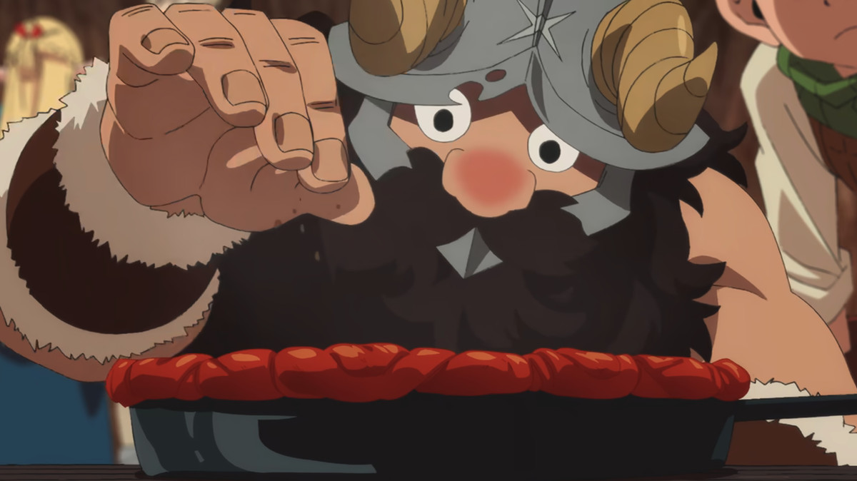 Senshi the gourmand dwarf sprinkles pepper on a tart in the first episode of Delicious in Dungeon