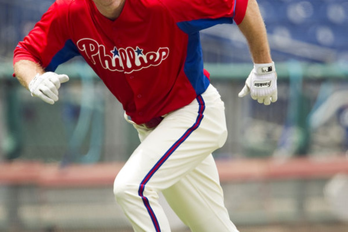 Jun 02, 2012; Philadelphia, PA, USA; Philadelphia Phillies second baseman Chase Utley (26) runs the bases during batting practice prior to playing the Miami Marlins at Citizens Bank Park. Mandatory Credit: Howard Smith-US PRESSWIRE